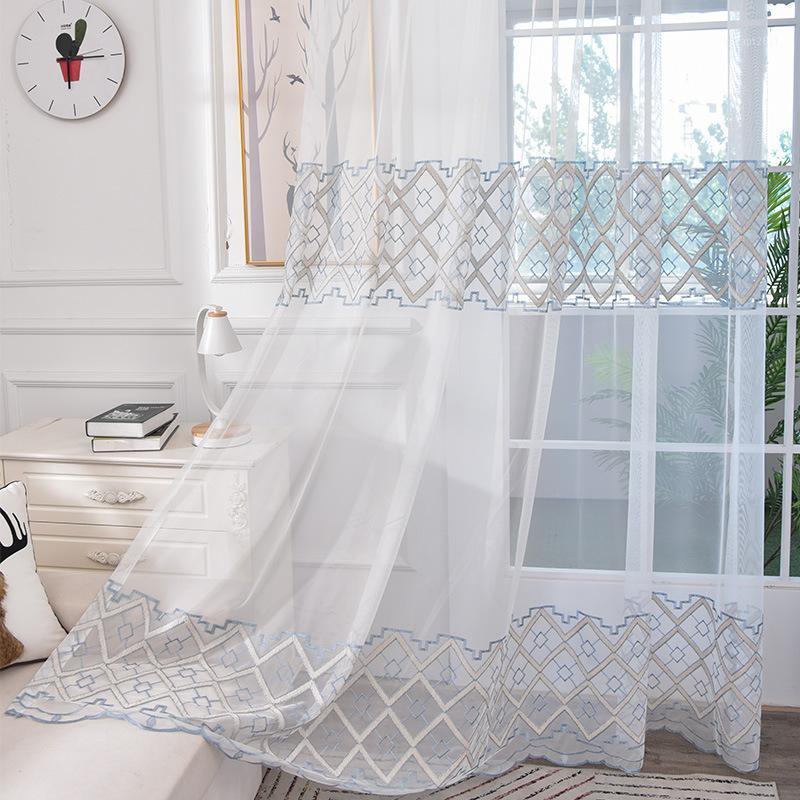 

French Luxury Window Screen White Rope Embroidered Tulle Curtain Geometry Embroidery Sheer Voile For Modern Living Room #41, Blue