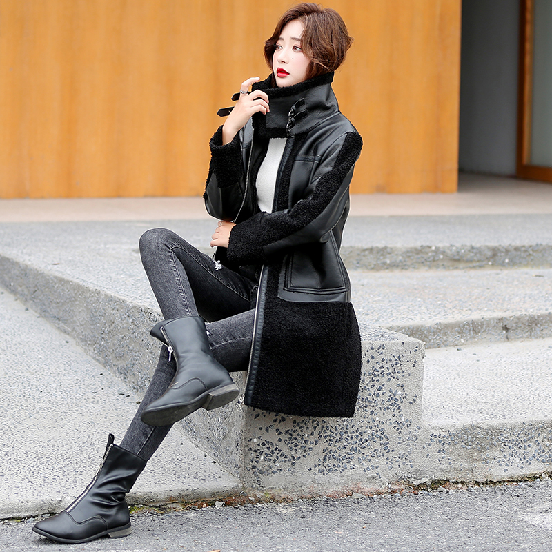 Winter Women Sheepskin Long Coats Thick Eco-leather Lambskin Wool Fur Big Pockets Jackets Splicing Black Motorcycle Outwear 201226
