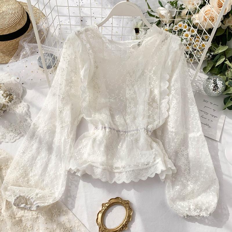 autumn lace blouse shirt ladies French retro lantern sleeves lotus leaf lace shirts T200608