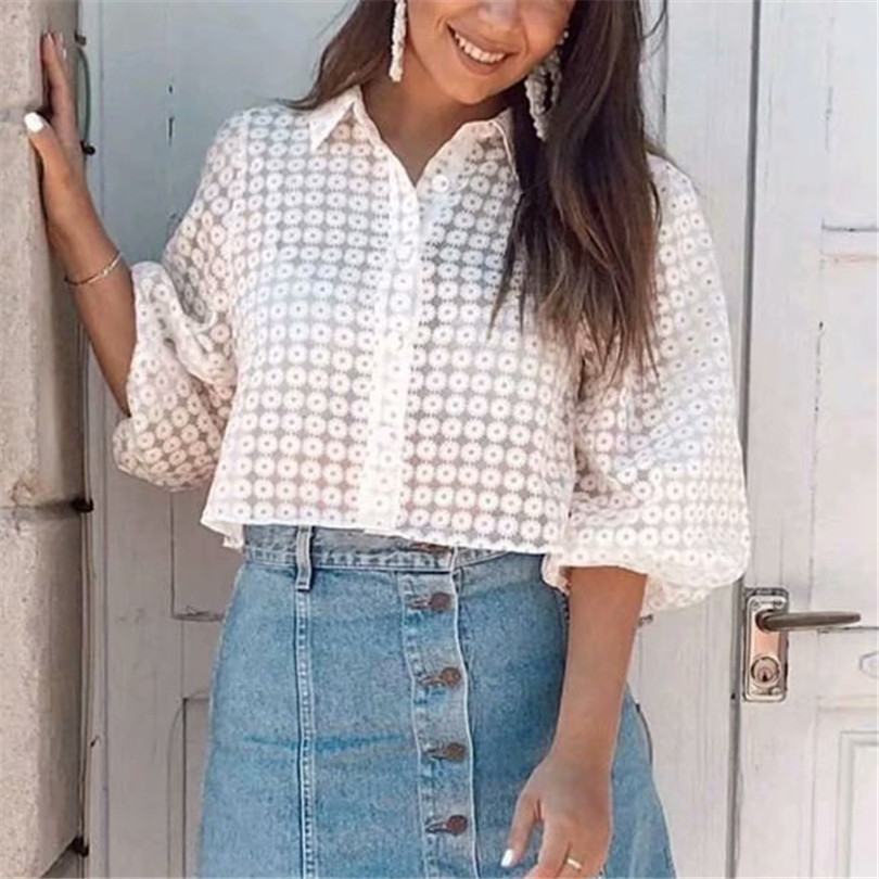 Women sweet floral print crop top three quarter puff sleeve turn down collar transparent female causal blouse 201130