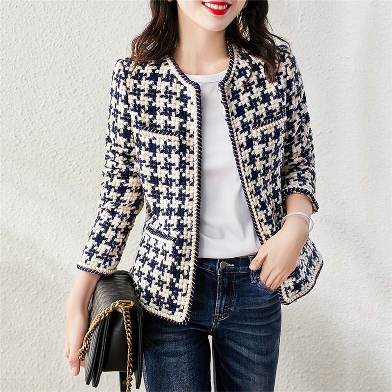 Plaid Tweed Jackets Women O-Neck Long Sleeve Office Lady Wool Coats Autumn Winter Outwear Vintage Korean Elegant Plus Size B380 201106