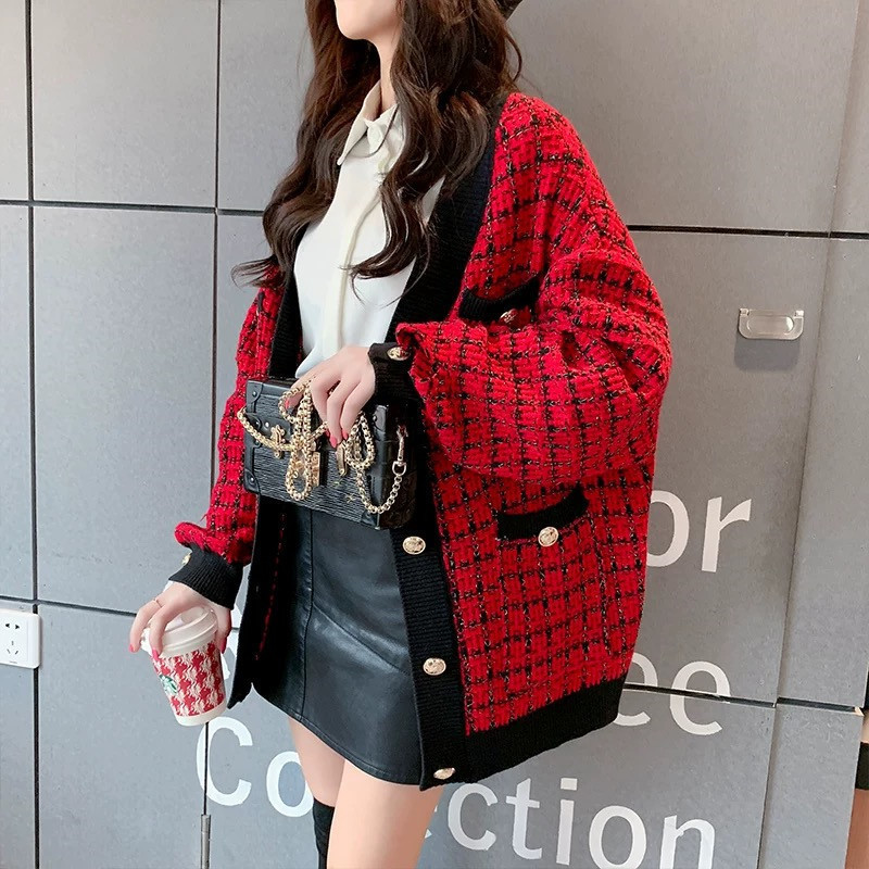 H.SA Women Sweater Jacket Oversized Knitted Cardigans Loose Plaid Jumpers Korean Clothing Robe Long Elegnat Female Coat 201119