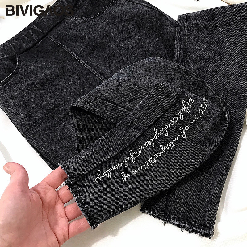 BIVIGAOS Spring Fall Burrs Legs Embroidered Letters Washed Jeans Leggings Skinny Jeggings Slim Woven Pencil Pants For Women 201109