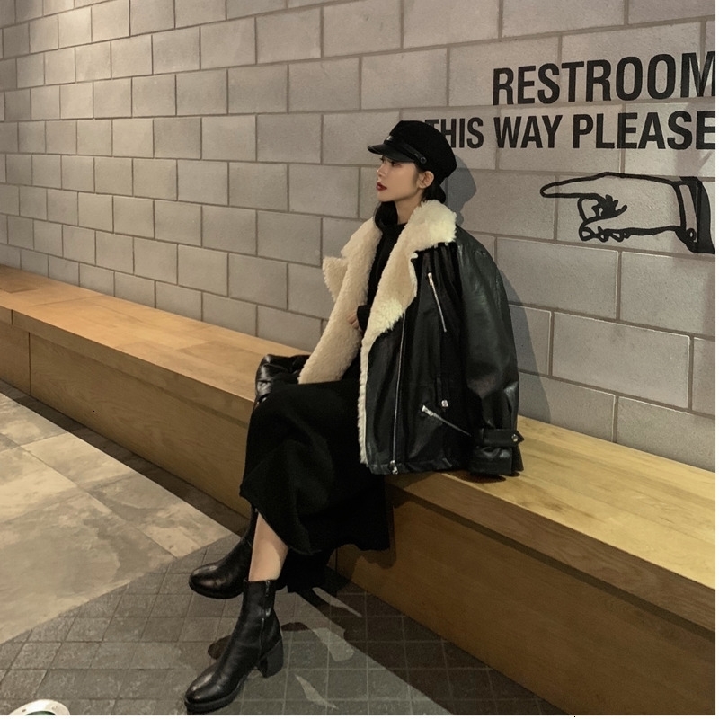 Bella philosophy Autumn Winter Temperament Turn Down Collar coats Zipper With Belt Women Loose Lamb Hair PU Fur Jacket 201029