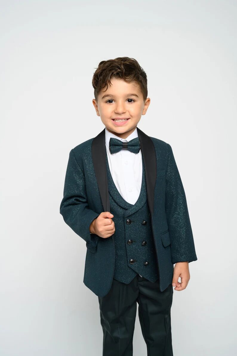 Dark Green Sequins Boy Formal Suits Wear Dinner Tuxedos Little Boys Kids For Wedding Party Evening Suit Birthday 3 Pieces