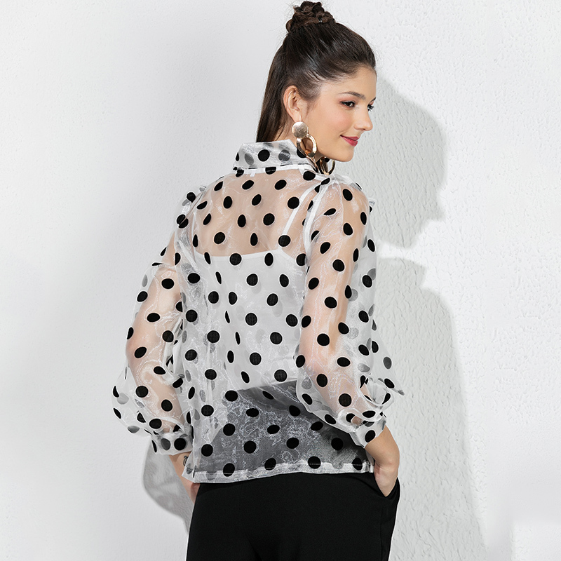 HELIAR Black Polka Dot Blouse Women Transparent Sexy Long Sleeves Autumn Spring Streetwear White Organza Blouses Tops Women T200322