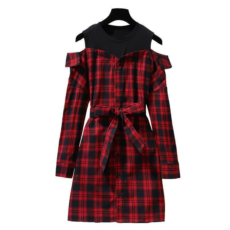 ICHOIX Korean style cute red plaid shirt dress long sleeve with belt mini dress casual offshoulder spring fall women dress T200604