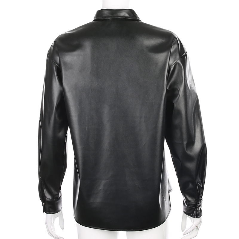 Darlingaga Streetwear Black PU Leather Blouse Women Cardigan Buttons Fashion Women's Shirt Top Long Sleeve Solid Leather Blouses 201029