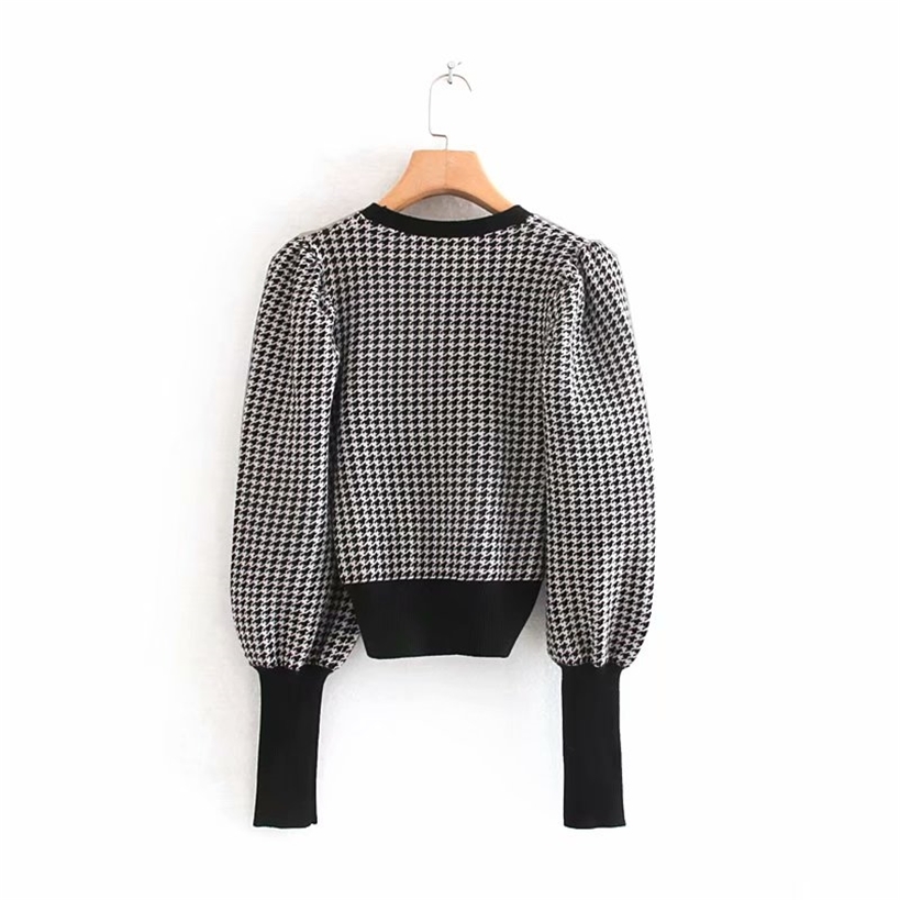 women vintage houndstooth pattern puff sleeve casual sweater ladies basic o neck knitted pullover autumn chic tops S163 201221
