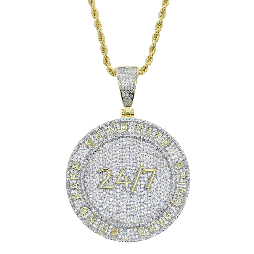 Drop ship hip hop penadnt Necklace with gold plated engraved Letter Grind Hard with Full Cubic zircon Paved Round Charm Punk styles Jewelry For Men Wo