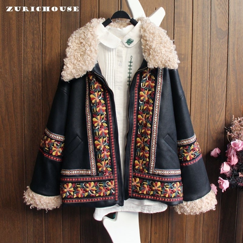 ZURICHOUSE Retro Winter Faux Leather Jacket Women Lambswool Embroidery Outwear Exotic PU Leather Plush Locomotive Jackets 201020