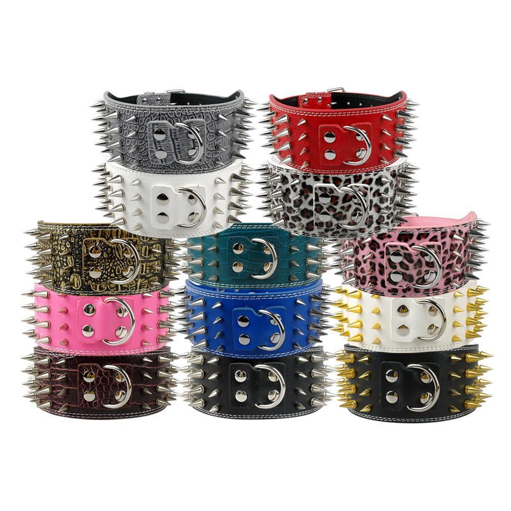 Style 3 inch New Wide 11 Colors Spiked Studded PU Leather Large Dog Collars For Pit