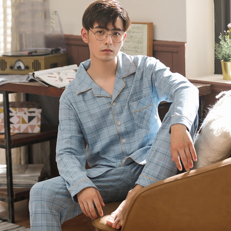 AIPEACE 2 Pieces Cotton Men's Pajamas Set Casual Striped Long Sleeve Lapel Collar Sleepwear Spring Summer Homewear Nightwear 201111
