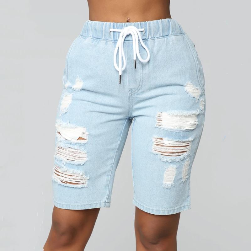 Women Middle-Waisted Washed Ripped Hole Knee Length Jeans Denim Summer Shorts Feminino Hole Ripped Denim Jeans Elastic Waist, Blue
Women Middle-Waisted Washed Ripped Hole Knee Length Jeans Denim Summer Shorts Feminino Hole Ripped Denim Jeans Elastic Waist, Blue
