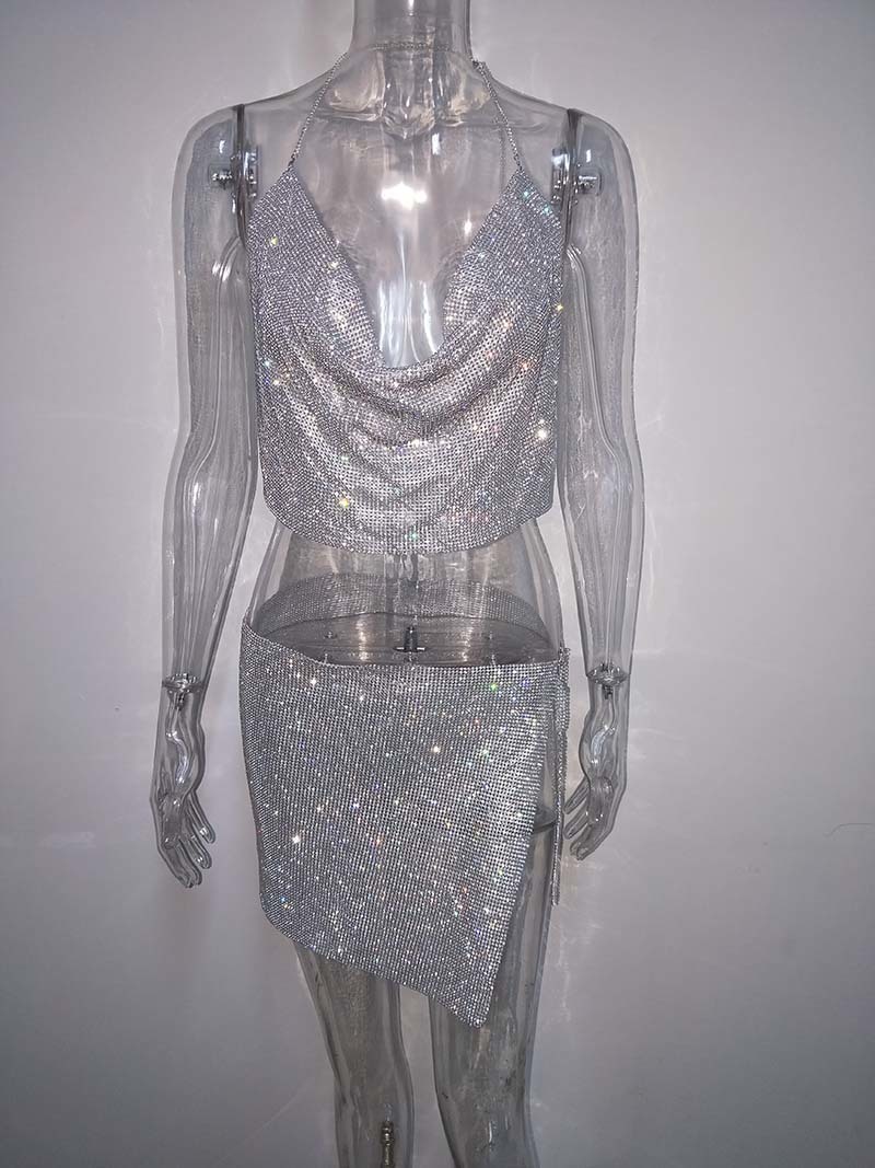 Bonnie Forest Seductive Crystal Diamonds Party Birthday Outfits Sexy Backless Glitter Rhinestone Two Piece Skirt Set Club Wear T200325