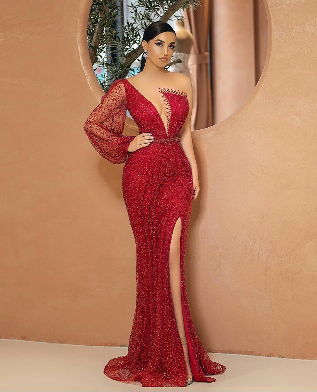 Handmade Sheath Wedding Dresses Custom Made Red Bridal Gowns Sweep Train One Shoulder Wedding Dress robes de mariée