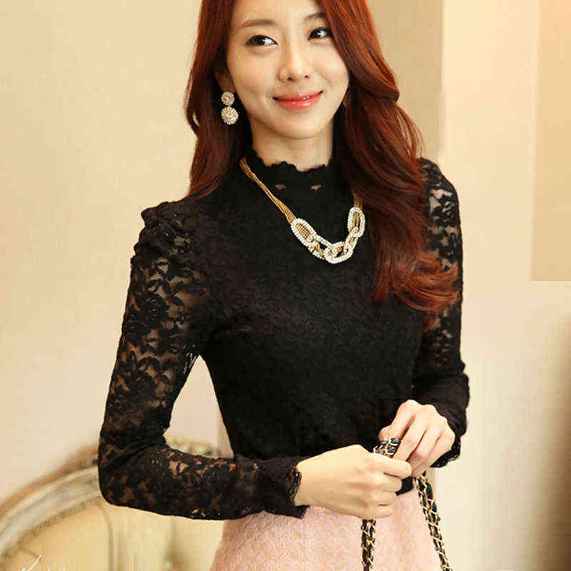 Fashion Plus Size Lace Crocheted Hollow Out Top Stand-up Collar White Blouse Woman Sweet Long Sleeve Shirts Blusas 1695 220125