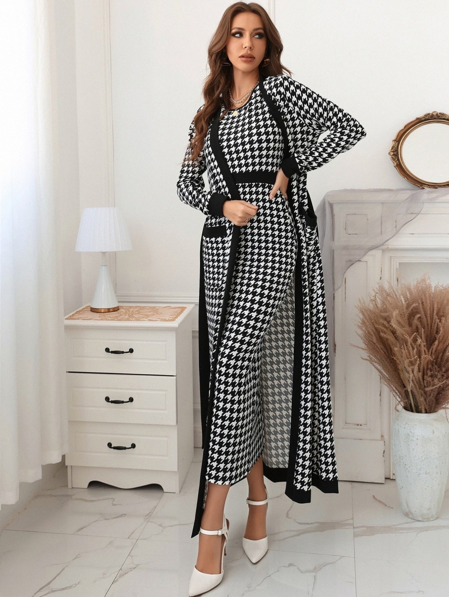 

Houndstooth Slit Back Bodycon Dress & Patched Pocket Belted Coat L4D1#, Black and white