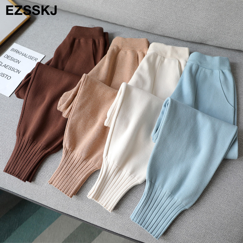 chic autumn winter chic Harem Pants Women Loose Trousers female Knitted Pants knit Trousers With Pockets Radish pants 201113