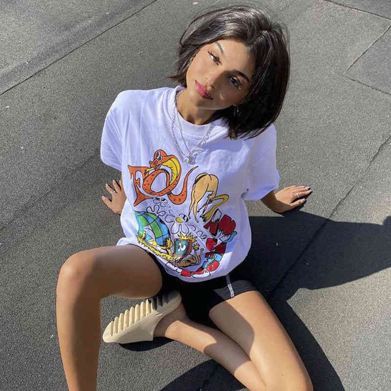 Women' T-Shirt White short sleeve T-shirt women' cotton opaque European cartoon abstract pattern printed loose bottomed shirt student foreign style RRGH
Women' T-Shirt White short sleeve T-shirt women' cotton opaque European cartoon abstract pattern printed loose bottomed shirt student foreign style RRGH