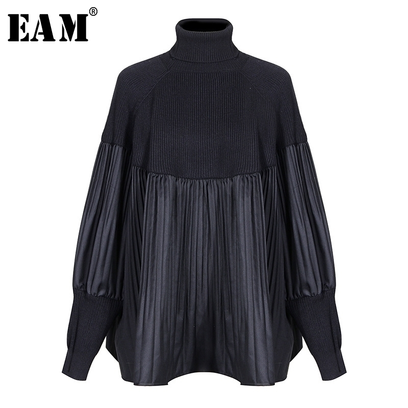 [EAM] Pelated Split Big Size Knitting Sweater Loose Fit Turtleneck Long Sleeve Women Pullovers New Fashion Spring 1M877 201109