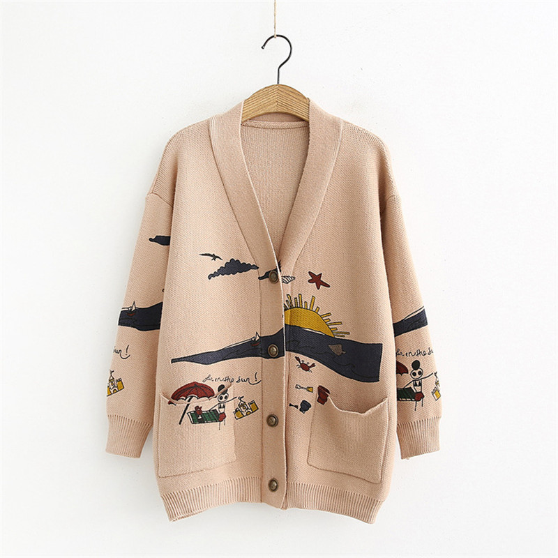 Cardigan Sweater Women's Autumn And Winter New Loose Cute Print Joker Long Sleeve Women's Knitted Jacket Sweaters Oversize 201109