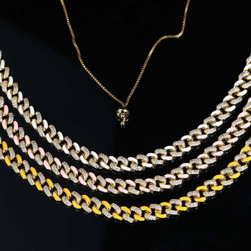 New Arrival Enamel Gold Color Cuban Link Chain Half Enamel Half CZ Cubic Zirconia Cuban Choker Necklace Adjusted Slider Chains for Women
