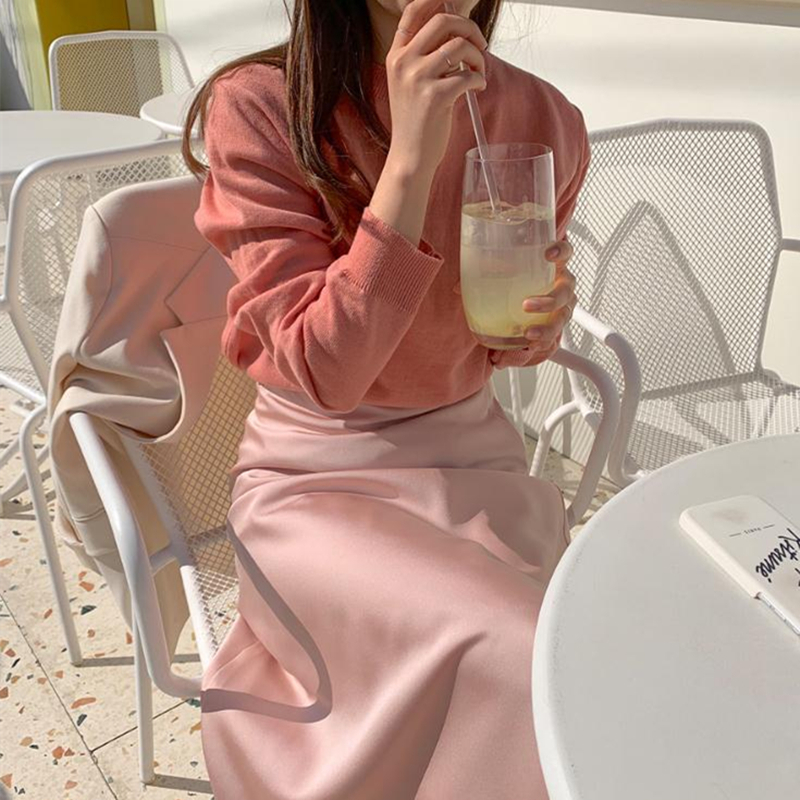 Korean Casual Skirts Women Silk Skirt Women Elegant Satin Long Skirts Office Lady High Waist Bodycon Skirt Faldas Mujer Moda T200324