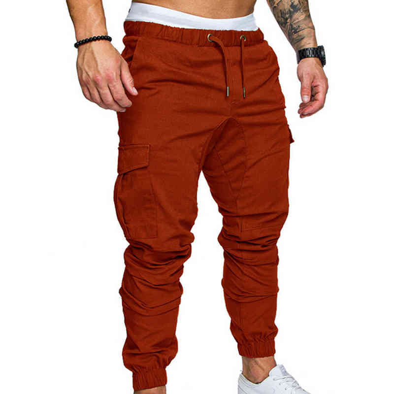 Men Casual Solid Color Pockets Waist Drawstring Ankle Tied Skinny Cargo Pants celana panjang pria salopette homme Trendy H1223