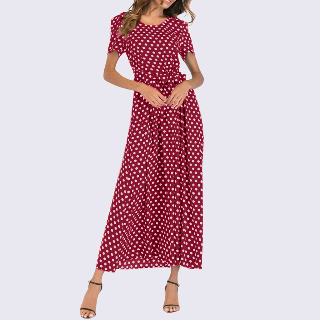Summer Dress Women O-Neck Short Sleeve Boho Polka Dot Bandage Maxi Long Dress Women Beach Sundress Plus Size Vestidos T200604