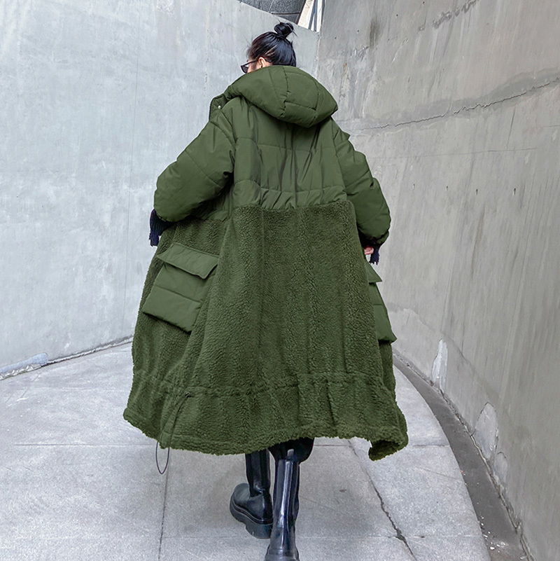 [EAM] Lamb Wool big size Hooded Cotton-padded Coat Long Sleeve Loose Fit Women Parkas Fashion New Autumn Winter 1DD0972 201202