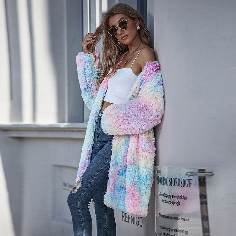 Autumn Winter fashion Women's Sweater Tie-Dye Color Long Long-Sleeved Coats V-Neck fur fluffy jacket Wide-waisted Coat jacket 201110
