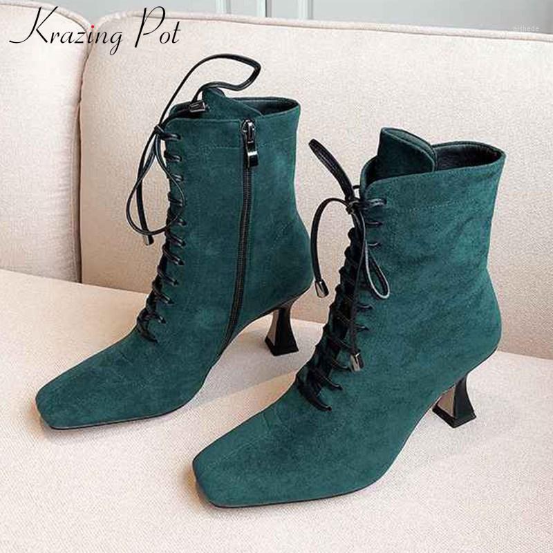 krazing pot French elegant lace up square toe high heels stretch flock side zip winter women brand fashion solid ankle boots L011, Black
krazing pot French elegant lace up square toe high heels stretch flock side zip winter women brand fashion solid ankle boots L011, Black