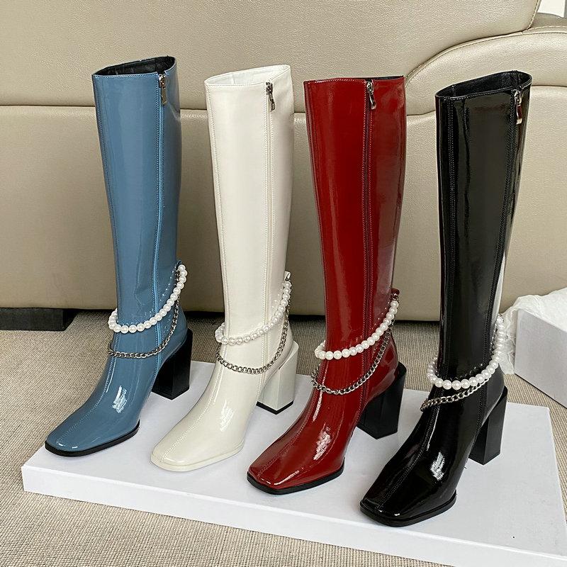 Women Genuine Leather Knee High Boots Fashion Pearl Chain Knight Boots Female Thick Hee Square Toe Autumn Women's Shoes, Black 7.5cm
Women Genuine Leather Knee High Boots Fashion Pearl Chain Knight Boots Female Thick Hee Square Toe Autumn Women's Shoes, Black 7.5cm