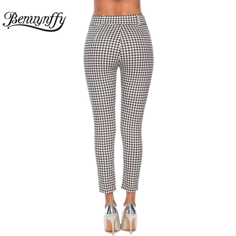 Benuynffy Vintage Button High Waist Plaid Pants Summer Office Lady Workwear Trousers Women Elegant Side Zipper Pencil Pants 201109