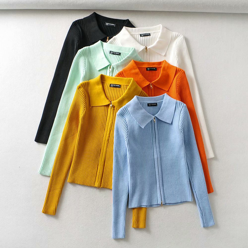 Women Dual Zipper Ribbed Sweater Shirt Cropped Knit Cardigans 210204