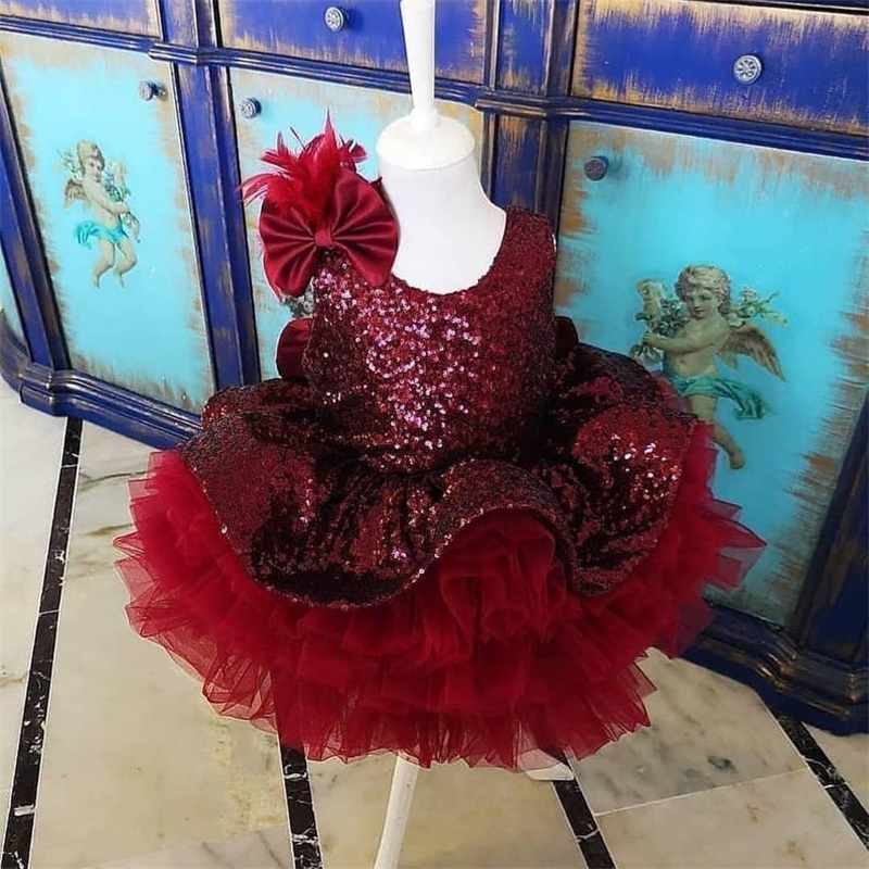 Red Bling Bling Flower Girls Dresses Sleeveless Tiered Sequins Feather Bow First Communion Dress Custom Made Sweep Train Kids Formal Wear