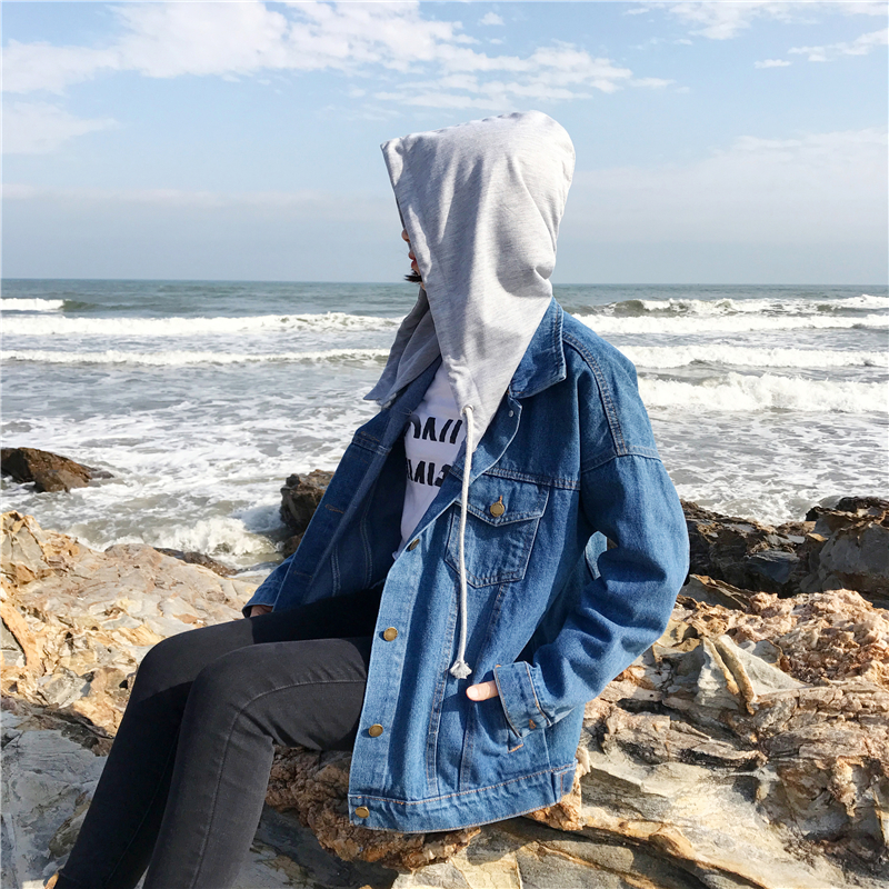 Flectit Women Jean Jacket Hooded Denim Jacket with Removable Grey Hood Oversized Jacket Coat Harajuku Street Styel 201017