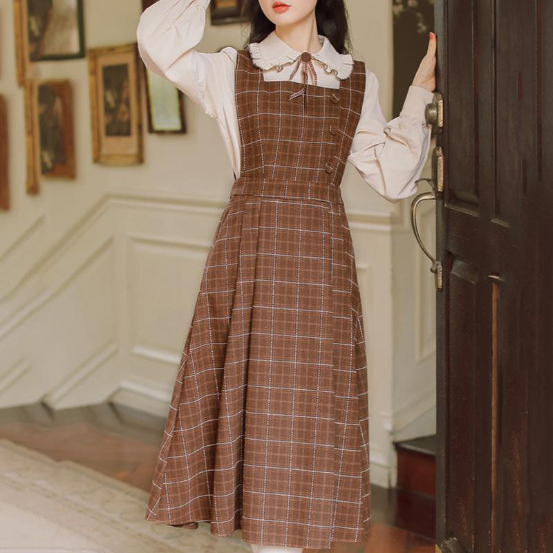 Classical Two Piece Sets Fashion Temperament Doll Collar Long Sleeve Coat High Waist LatticeStrap Dress Suit, Khaki
Classical Two Piece Sets Fashion Temperament Doll Collar Long Sleeve Coat High Waist LatticeStrap Dress Suit, Khaki