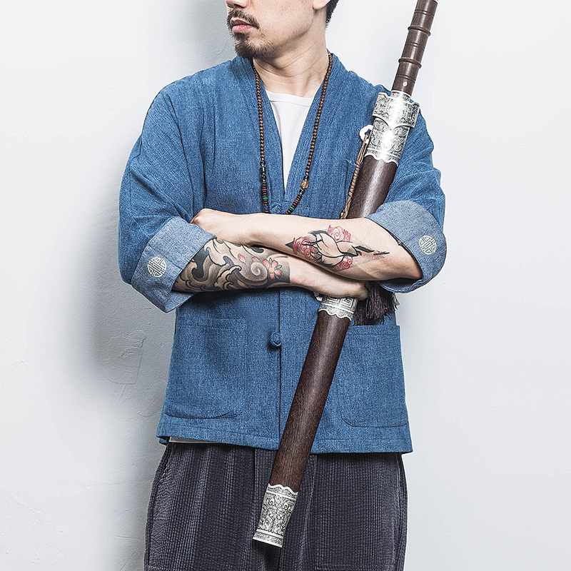 MRDONOO Chinese Stylel 100% Cotton Kimono Cardigan Men Vintage Denim Jacket Casual Coat Male Streetwe Plus Size A032-KS001 T200502