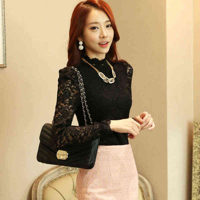 Fashion Plus Size Lace Crocheted Hollow Out Top Stand-up Collar White Blouse Woman Sweet Long Sleeve Shirts Blusas 1695 220125