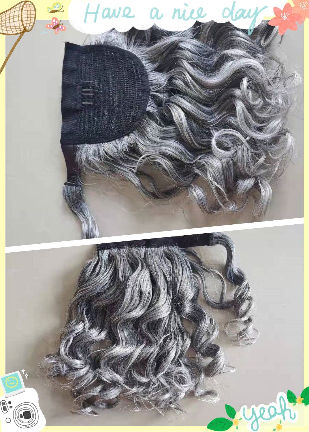 Silver grey wavy pony tail real hair piece wraps drawstring clip in gray ponytail women hair extension 100g 120g short long loose body wave soft hot f
