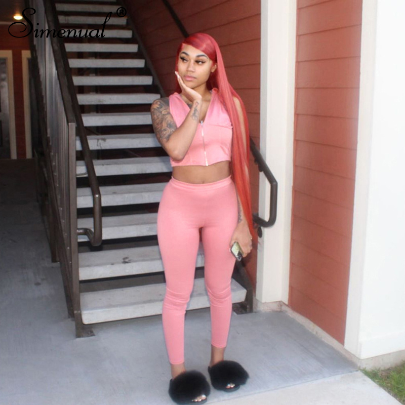 Simenual Casual Sporty Workout Matching Sets Women Hooded Sleeveless Active Wear Two Piece Outfits Zipper Crop Top And Pants Set T200826
