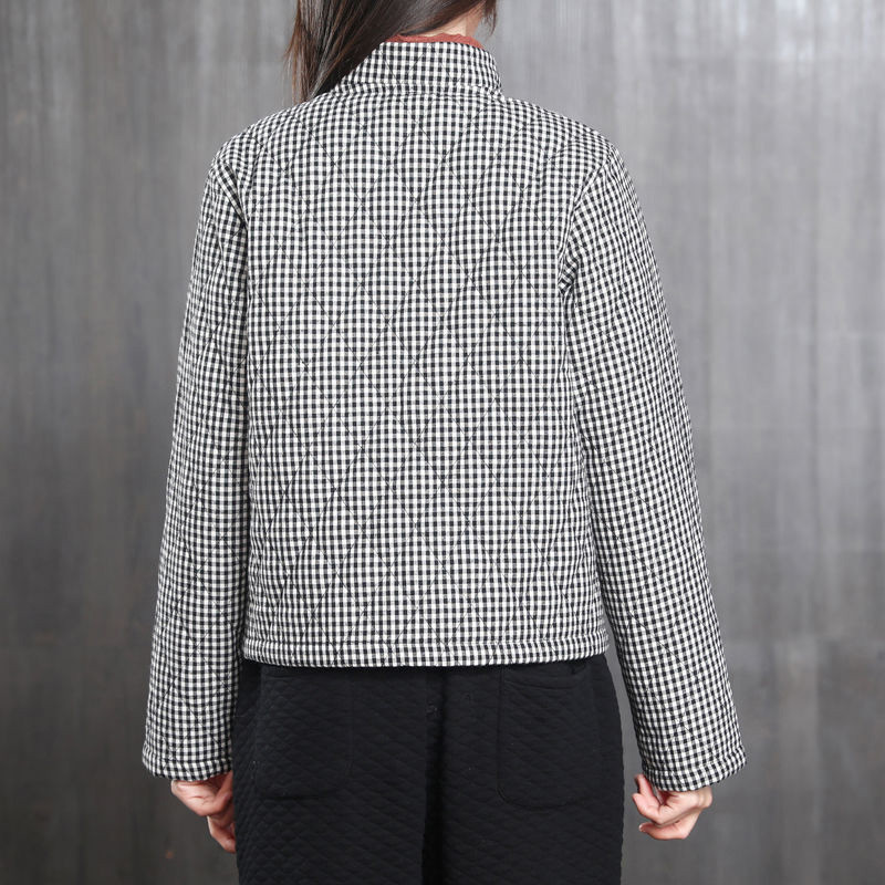 Mom's Autumn Winter Thin Coat Women Cotton Jacket Black and White Plaid Stand Collar Parkas Warm Elegant Female Outerwear office 201019