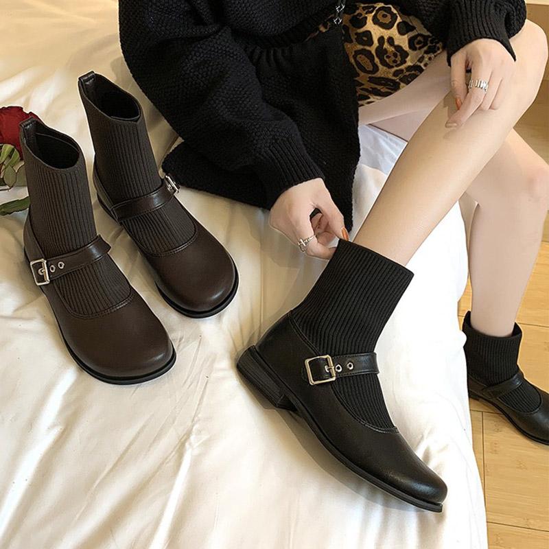 Lolita Shoes Belt Ankle Boots For Women Knitting Sock Girls Boots Black Buckle Leather Shoes Botas Retro Mujer 2020 Winter 8483G, Brown 
Lolita Shoes Belt Ankle Boots For Women Knitting Sock Girls Boots Black Buckle Leather Shoes Botas Retro Mujer 2020 Winter 8483G, Brown