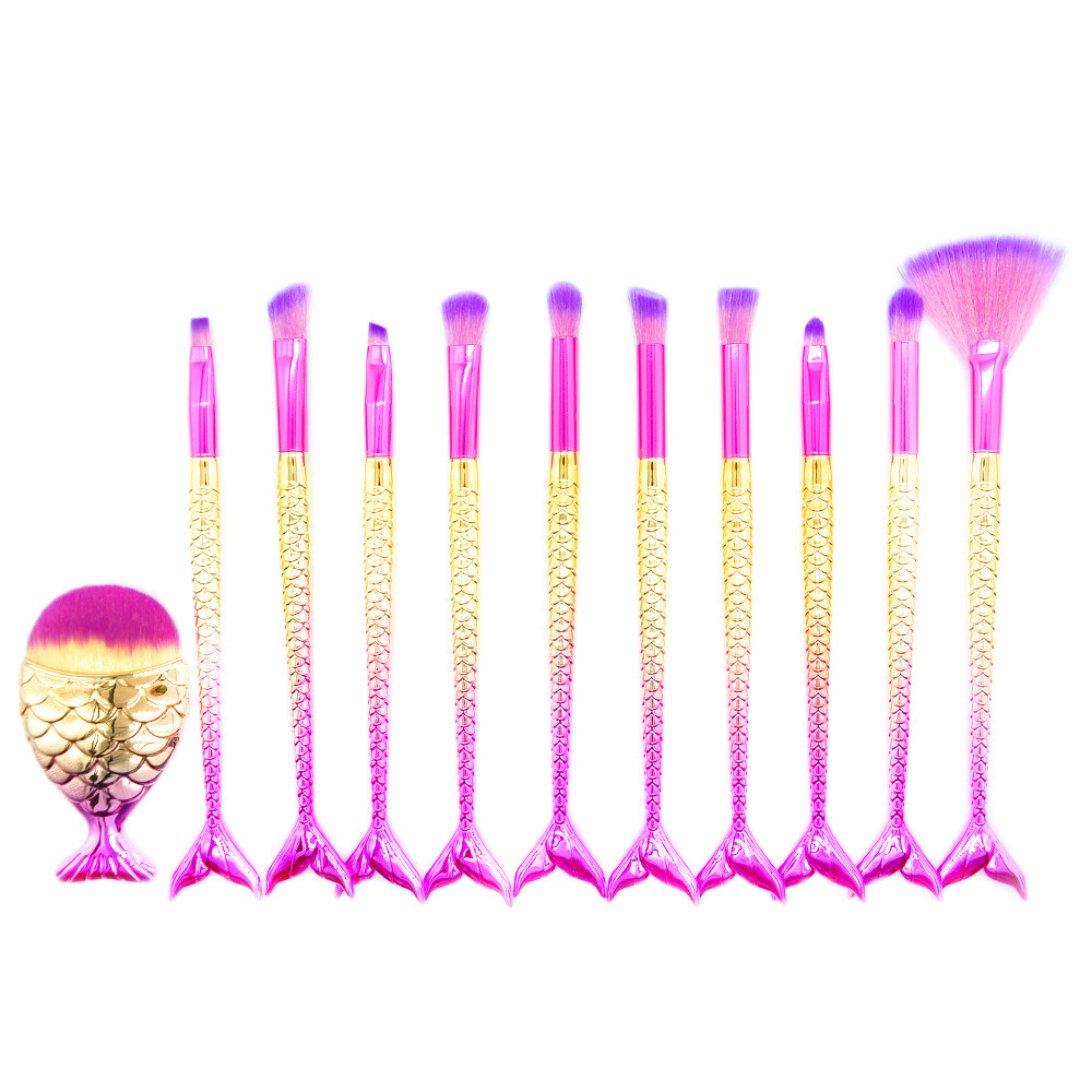 11pcs Mermaid Makeup Brushes Set Fish Tail Powder Foundation Eyebrow Eyeliner Blush Cosmetic Concealer Mermaid Brushes Juego De Pinceles De Maquillaje