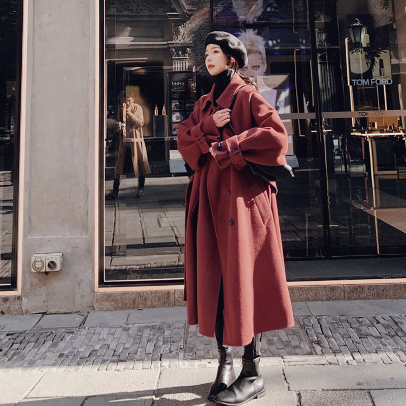Khaki Wool Long Coats For Women Winter Solid Cashmere Coat Warm Woollen Cloak Overcoat Korean Outerwear Sashes Surcoat Y201006
