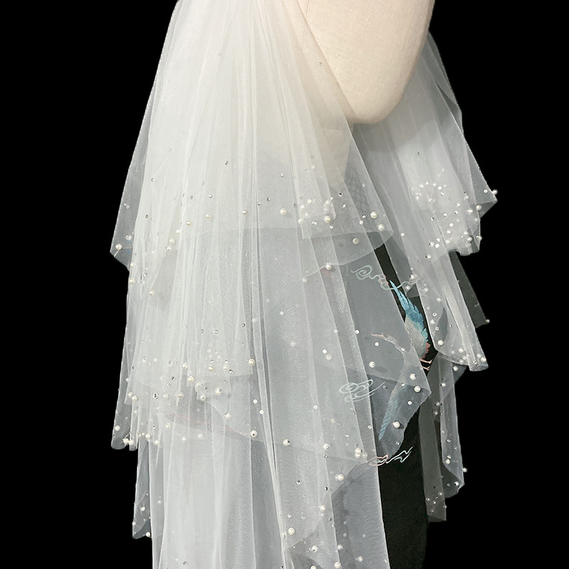 Wedding Veils Lace Appliqued Four Layer Custom Made White Pearl Veils with Comb Bride Bridal Accessories