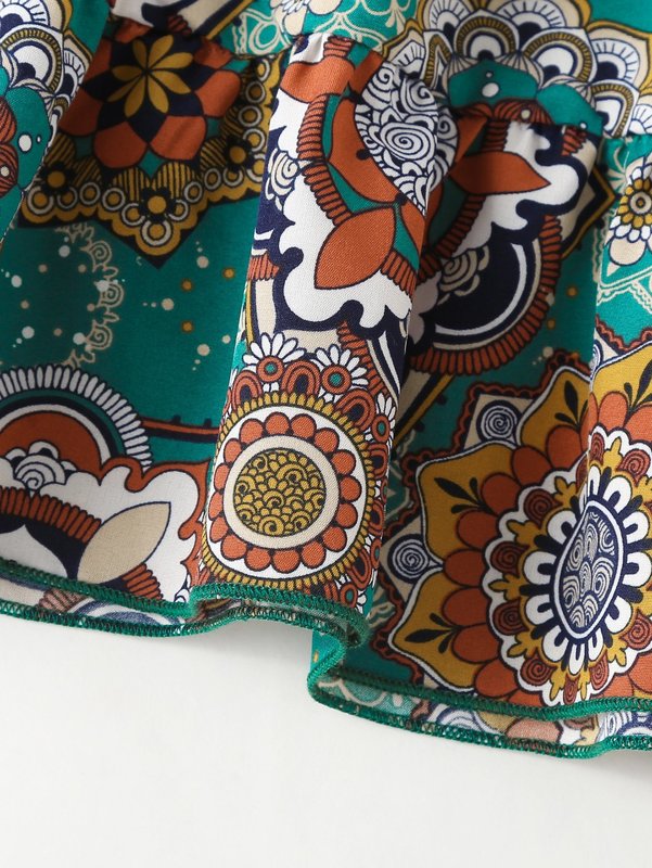 Girls Mandala Print Overlap Collar Ruffle Hem Dress SHE