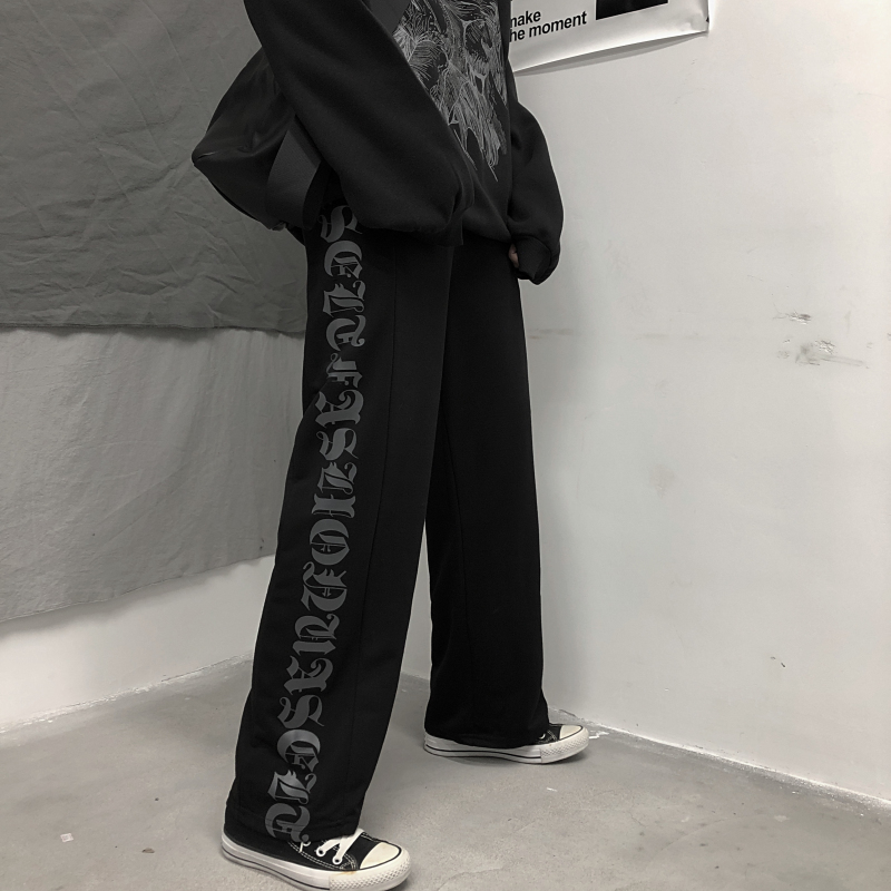 Black Casual Pants Women Men High Waist Loose Straight Wide Leg Pants Gothic Letter Print Korean Style Streetwear Trousers T200422